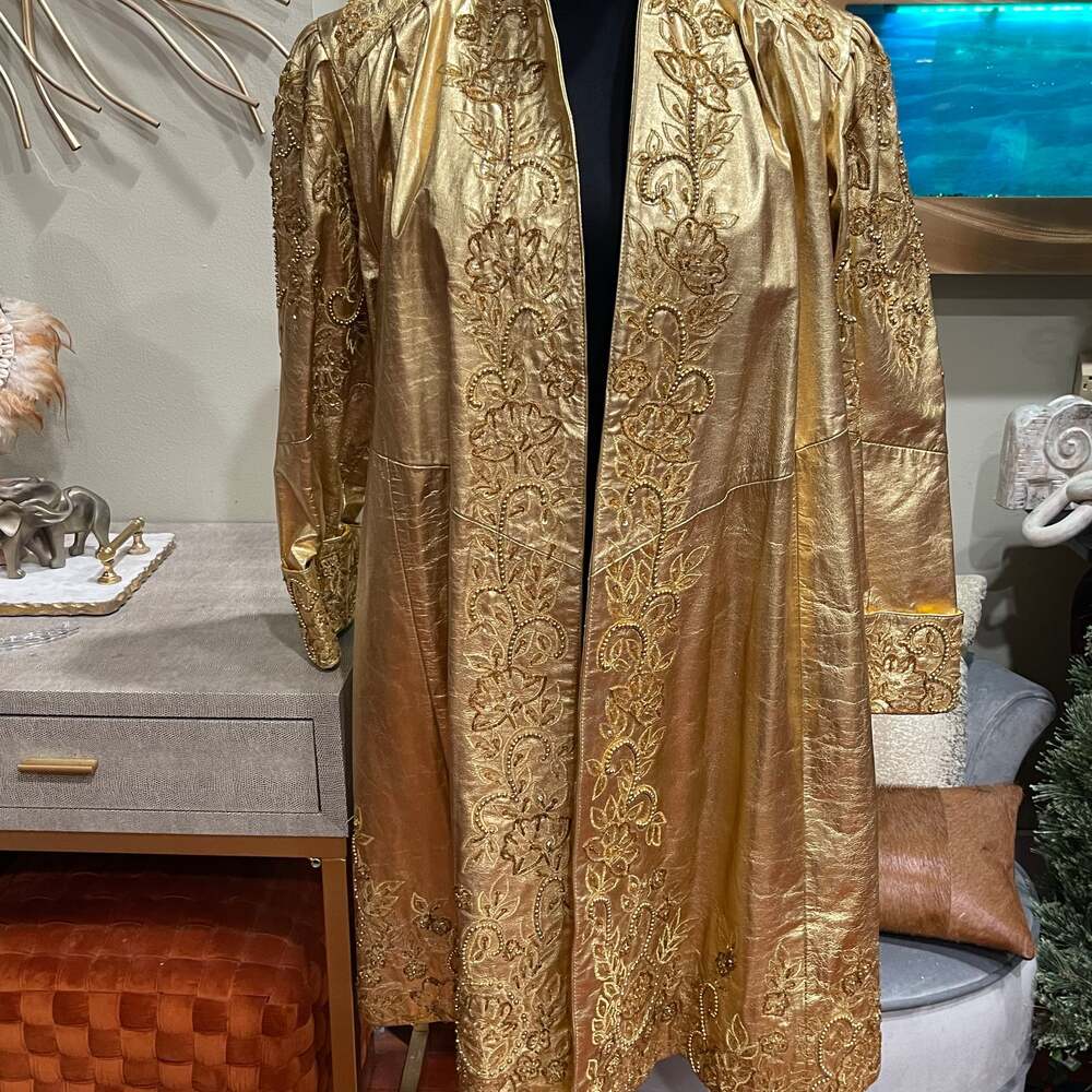 Vintage Queen Bold Gold Leather Swing Coat.